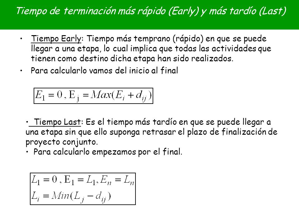 Tiempo de terminación más rápido (Early) y más tardío (Last)