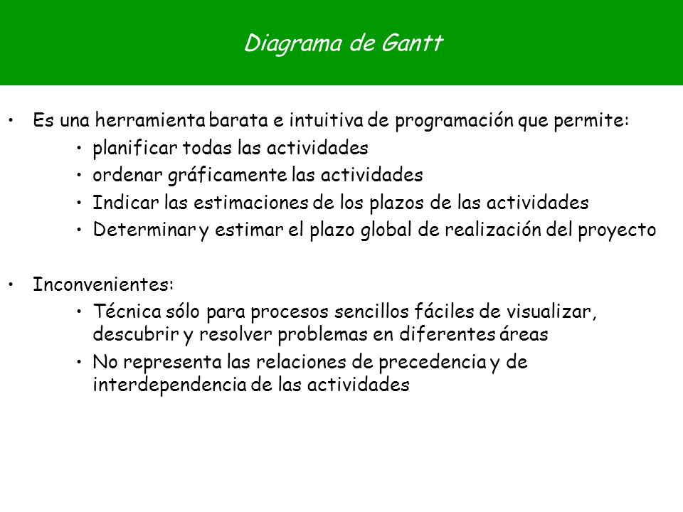 Diagrama de Gantt Es una herramienta barata e intuitiva de programación que permite: planificar todas las actividades.