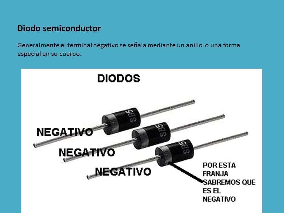 Diodo semiconductor Generalmente el terminal negativo se señala mediante un anillo o una forma especial en su cuerpo.
