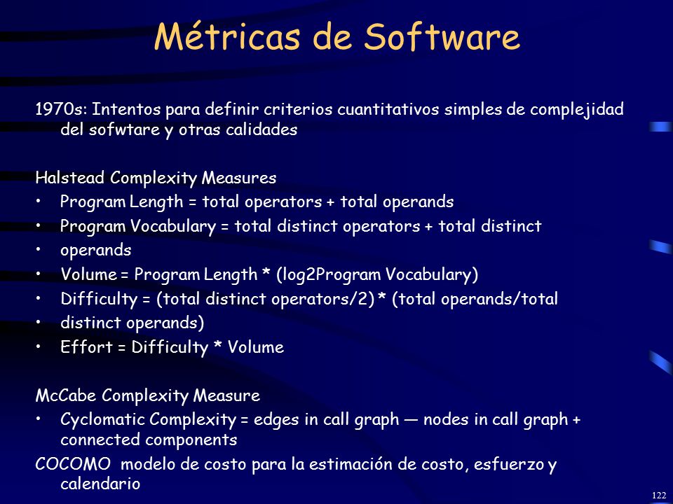 Métricas de Software 1970s: Intentos para definir criterios cuantitativos simples de complejidad del sofwtare y otras calidades.