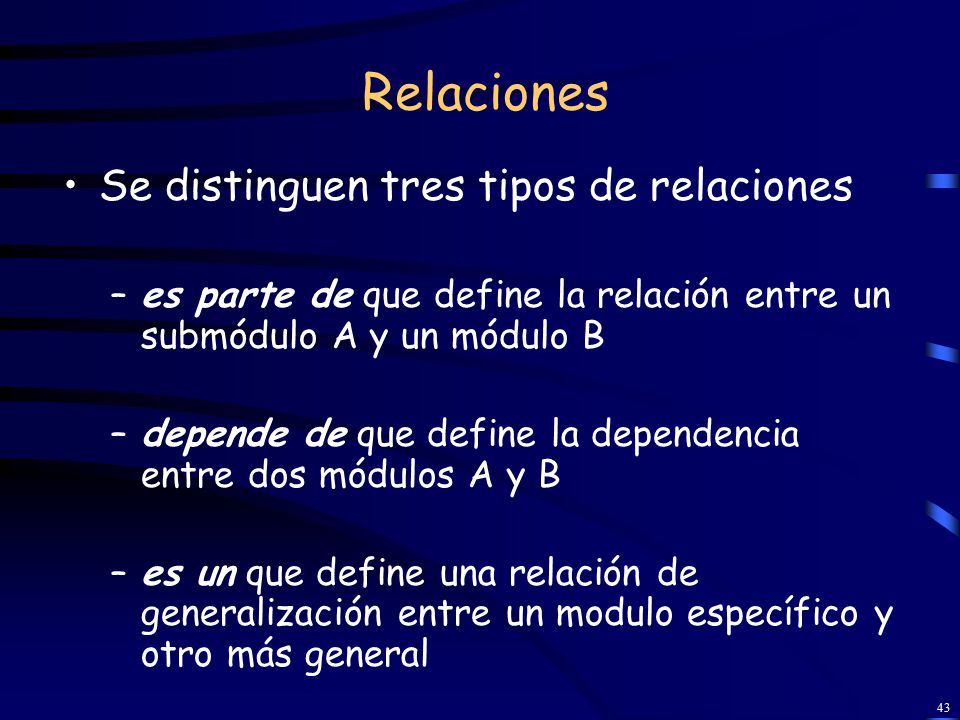 Relaciones Se distinguen tres tipos de relaciones