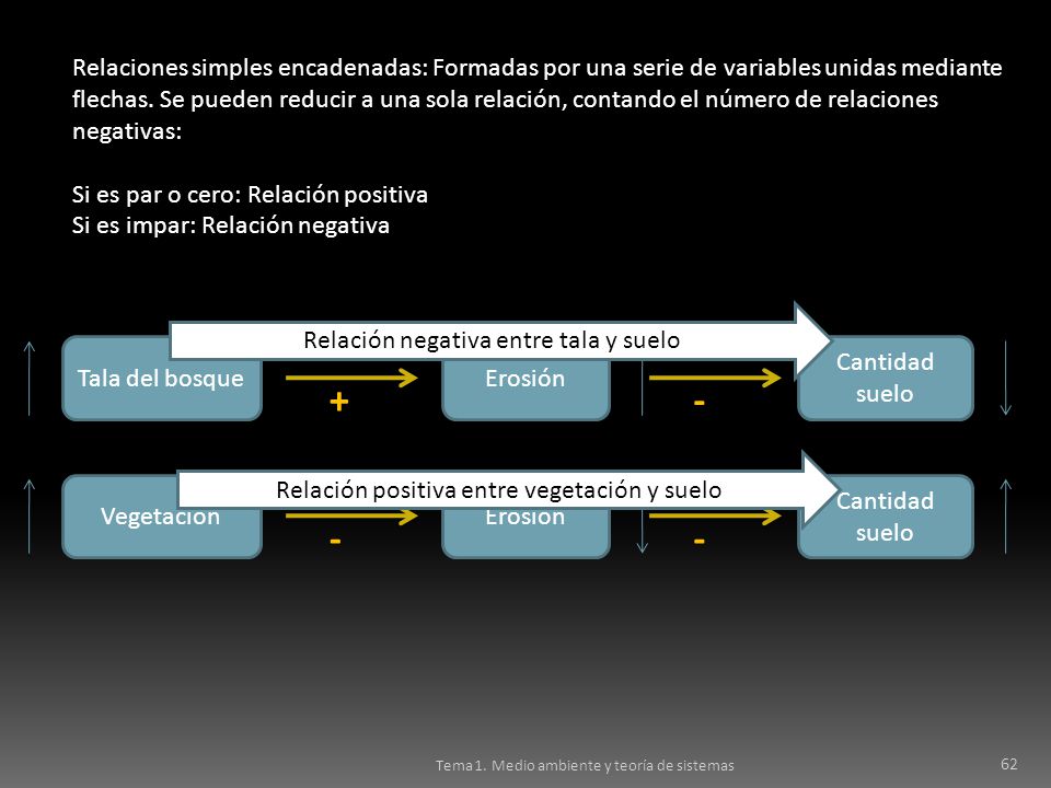Relaciones simples encadenadas: Formadas por una serie de variables unidas mediante flechas. Se pueden reducir a una sola relación, contando el número de relaciones negativas: