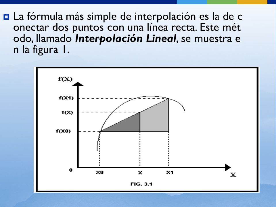La fórmula más simple de interpolación es la de conectar dos puntos con una línea recta.
