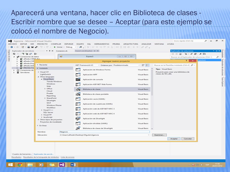 Aparecerá una ventana, hacer clic en Biblioteca de clases - Escribir nombre que se desee – Aceptar (para este ejemplo se colocó el nombre de Negocio).