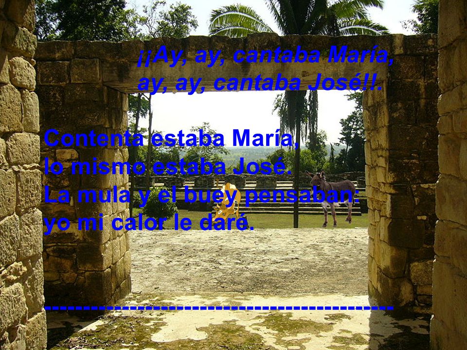 ¡¡Ay, ay, cantaba María, ay, ay, cantaba José!!. Contenta estaba María, lo mismo estaba José. La mula y el buey pensaban: