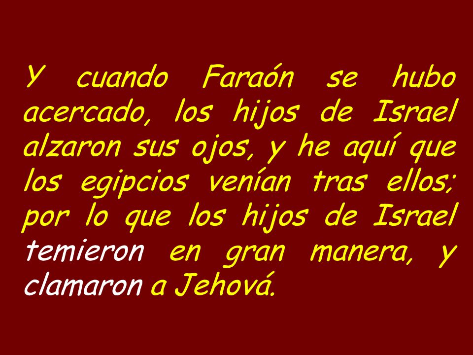 Y cuando Faraón se hubo acercado, los hijos de Israel alzaron sus ojos, y he aquí que los egipcios venían tras ellos; por lo que los hijos de Israel temieron en gran manera, y clamaron a Jehová.