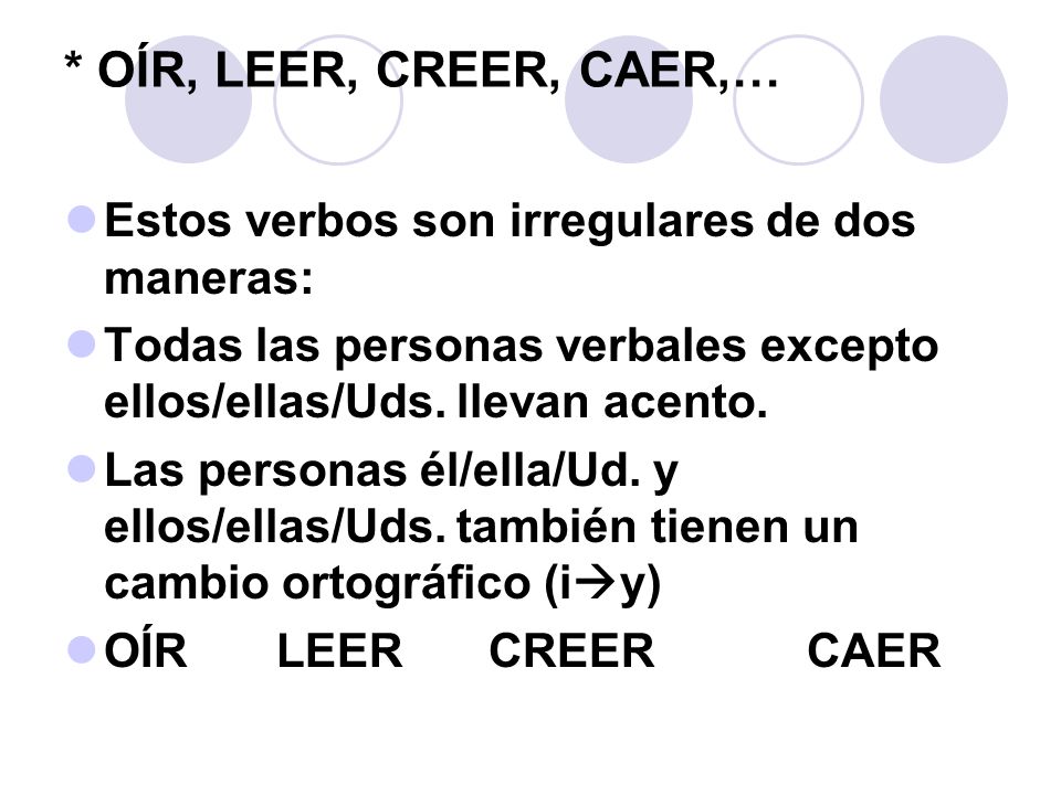 * OÍR, LEER, CREER, CAER,… Estos verbos son irregulares de dos maneras: Todas las personas verbales excepto ellos/ellas/Uds. llevan acento.