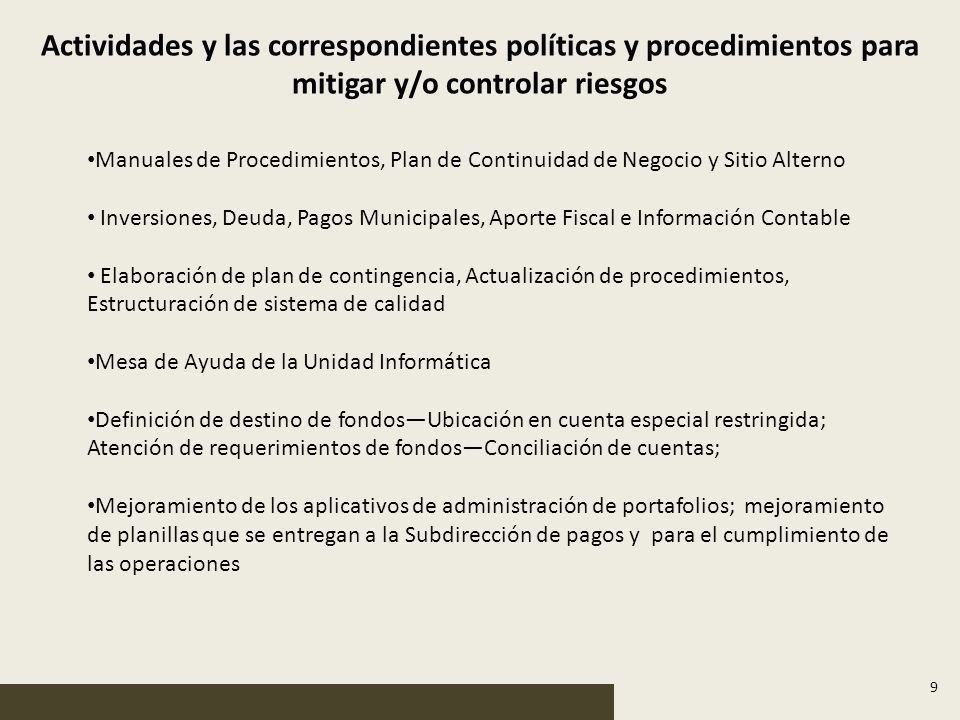 Actividades y las correspondientes políticas y procedimientos para mitigar y/o controlar riesgos