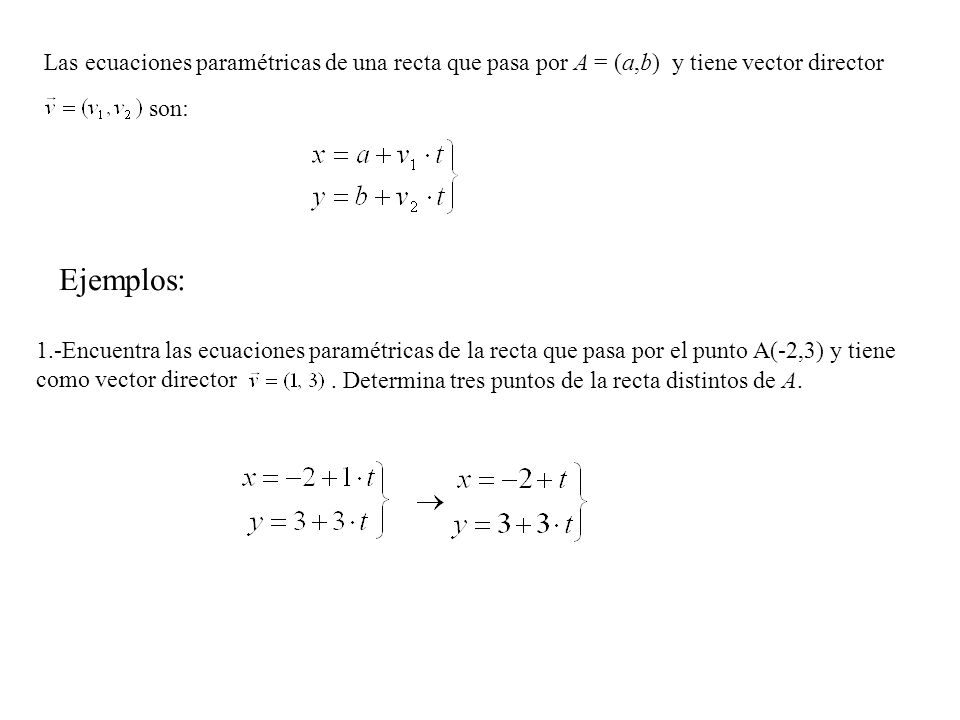 Las ecuaciones paramétricas de una recta que pasa por A = (a,b) y tiene vector director