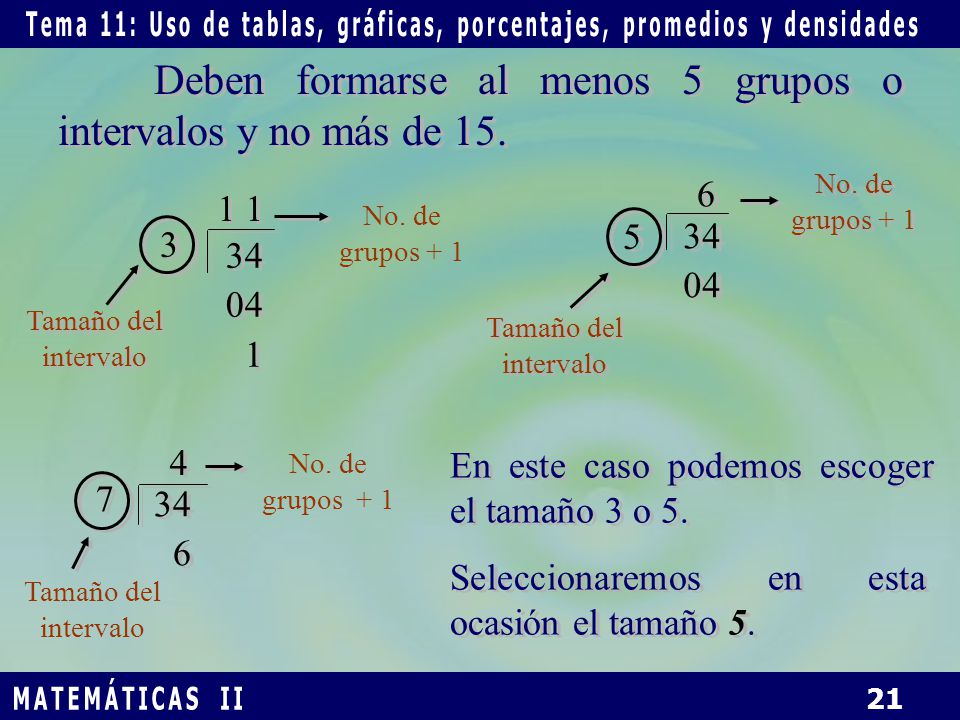Deben formarse al menos 5 grupos o intervalos y no más de 15.