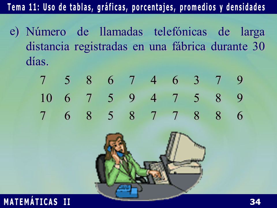 e) Número de llamadas telefónicas de larga distancia registradas en una fábrica durante 30 días.