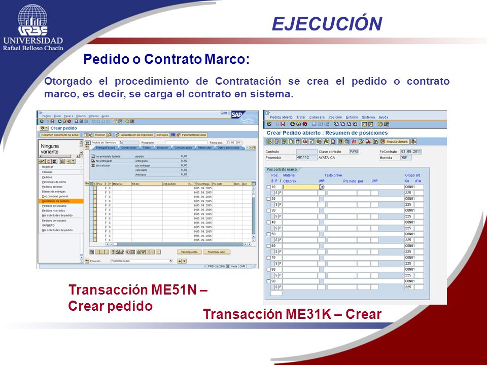 EJECUCIÓN Pedido o Contrato Marco: Transacción ME51N – Crear pedido