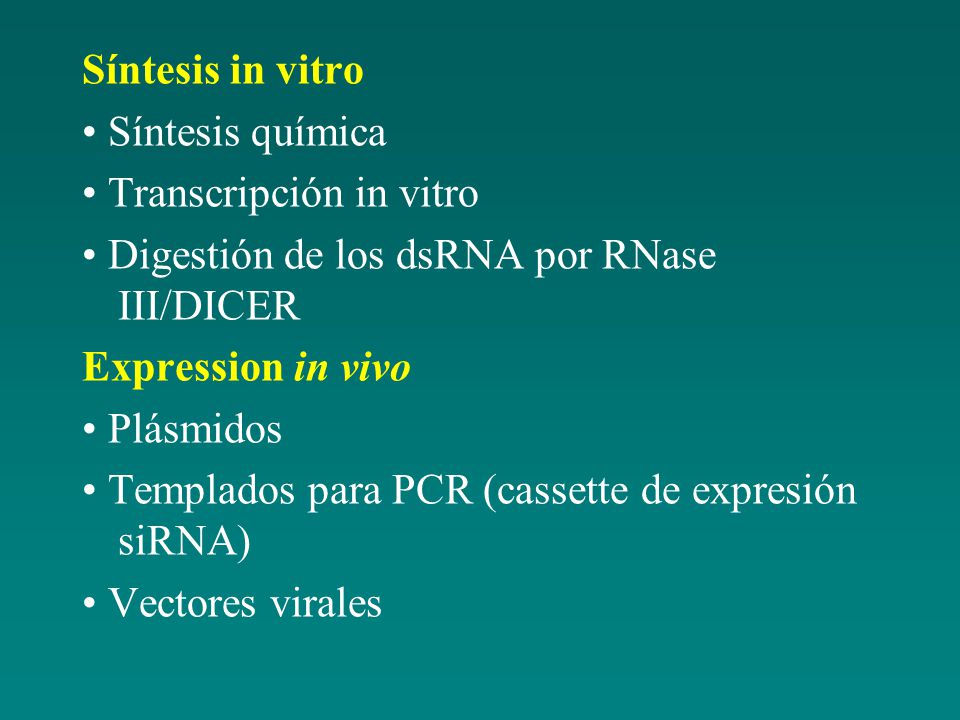 Síntesis in vitro • Síntesis química • Transcripción in vitro • Digestión de los dsRNA por RNase III/DICER Expression in vivo • Plásmidos • Templados para PCR (cassette de expresión siRNA) • Vectores virales