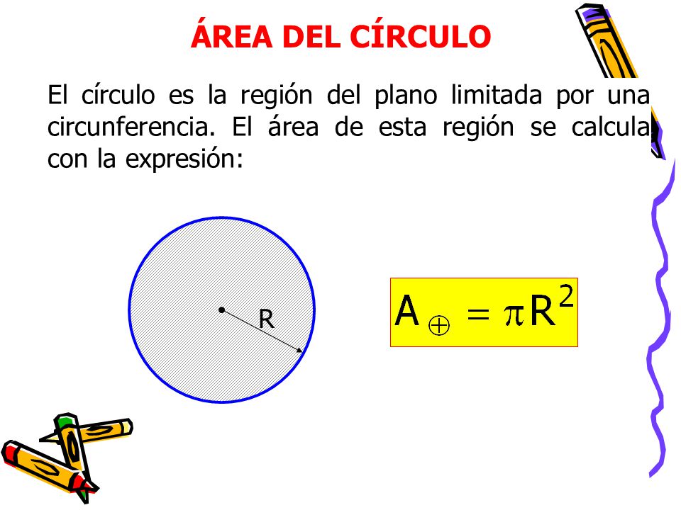 ÁREA DEL CÍRCULO El círculo es la región del plano limitada por una circunferencia. El área de esta región se calcula con la expresión:
