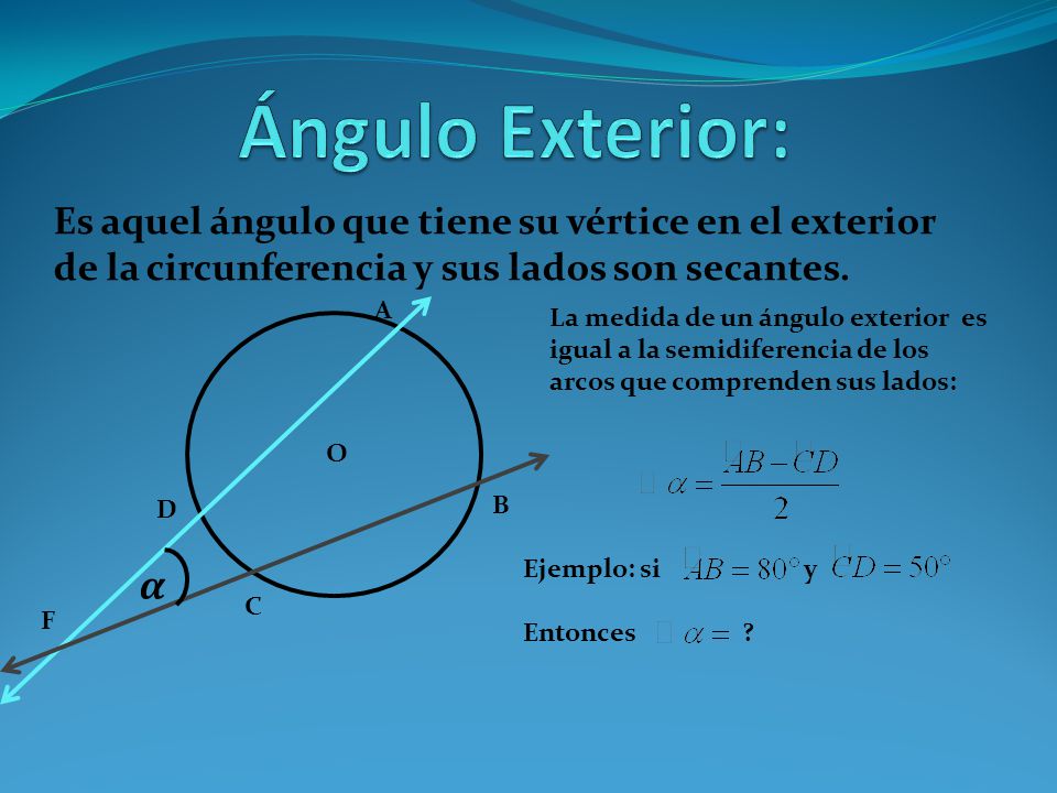 Ángulo Exterior: Es aquel ángulo que tiene su vértice en el exterior de la circunferencia y sus lados son secantes.