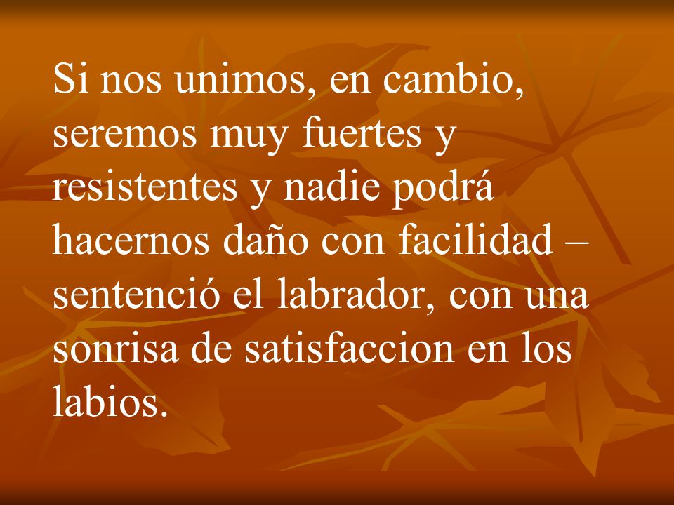 Si nos unimos, en cambio, seremos muy fuertes y resistentes y nadie podrá hacernos daño con facilidad – sentenció el labrador, con una sonrisa de satisfaccion en los labios.