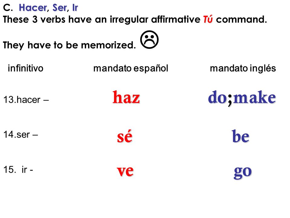 haz do;make sé be ve go C. Hacer, Ser, Ir