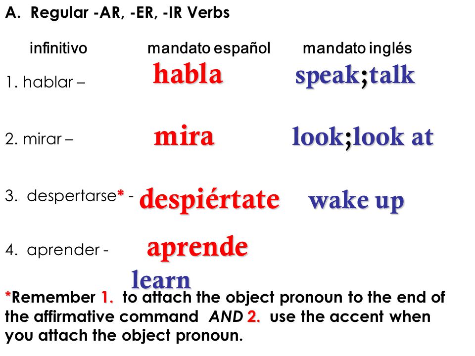 habla speak;talk mira look;look at despiértate wake up aprende learn