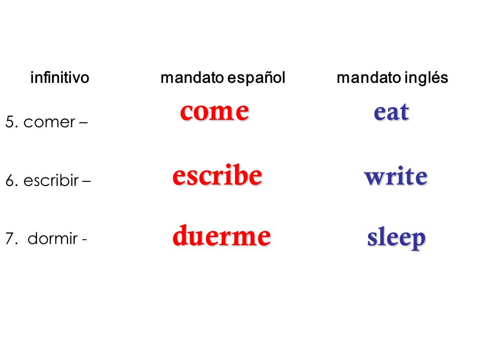 come eat escribe write duerme sleep comer – escribir – 7. dormir -