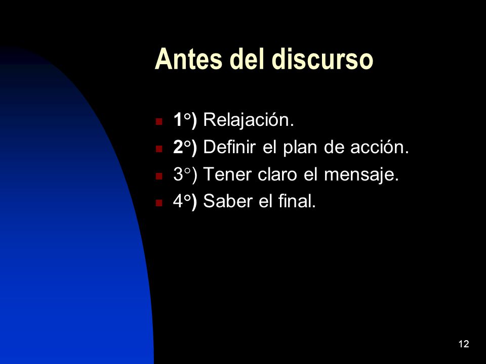 Antes del discurso 1°) Relajación. 2°) Definir el plan de acción.