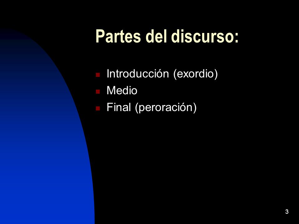 Partes del discurso: Introducción (exordio) Medio Final (peroración)