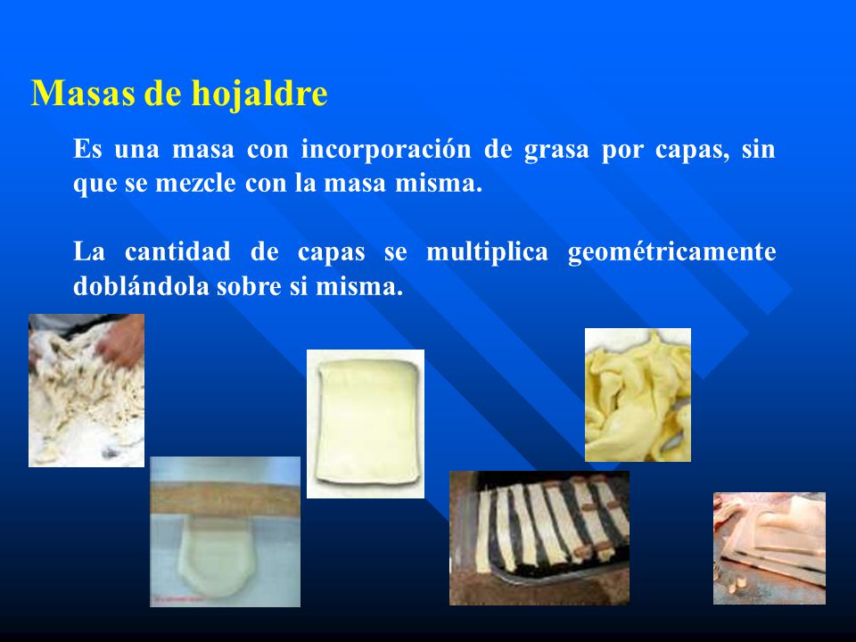 Masas de hojaldre Es una masa con incorporación de grasa por capas, sin que se mezcle con la masa misma.