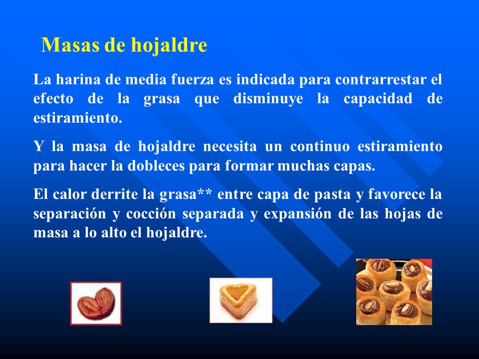 Masas de hojaldre La harina de media fuerza es indicada para contrarrestar el efecto de la grasa que disminuye la capacidad de estiramiento.