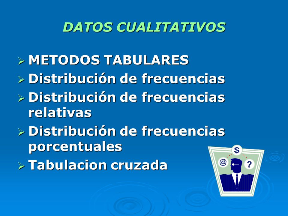 DATOS CUALITATIVOS METODOS TABULARES. Distribución de frecuencias. Distribución de frecuencias relativas.