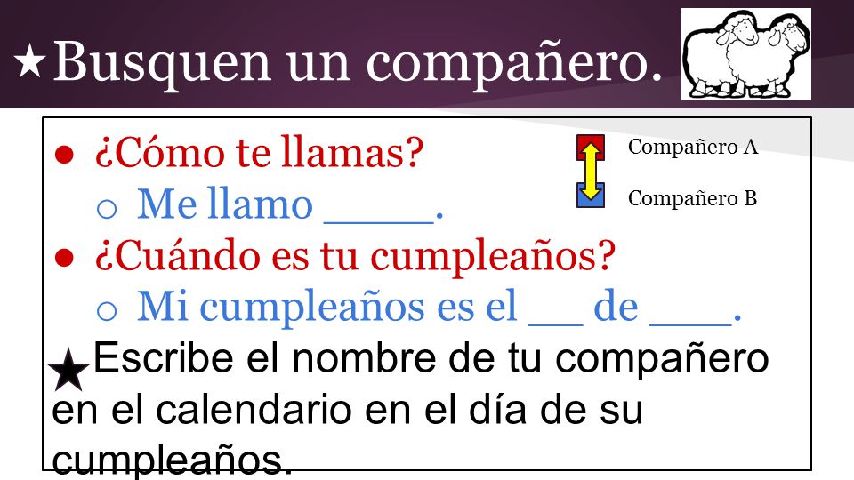 Busquen un compañero. ¿Cómo te llamas Me llamo ____.