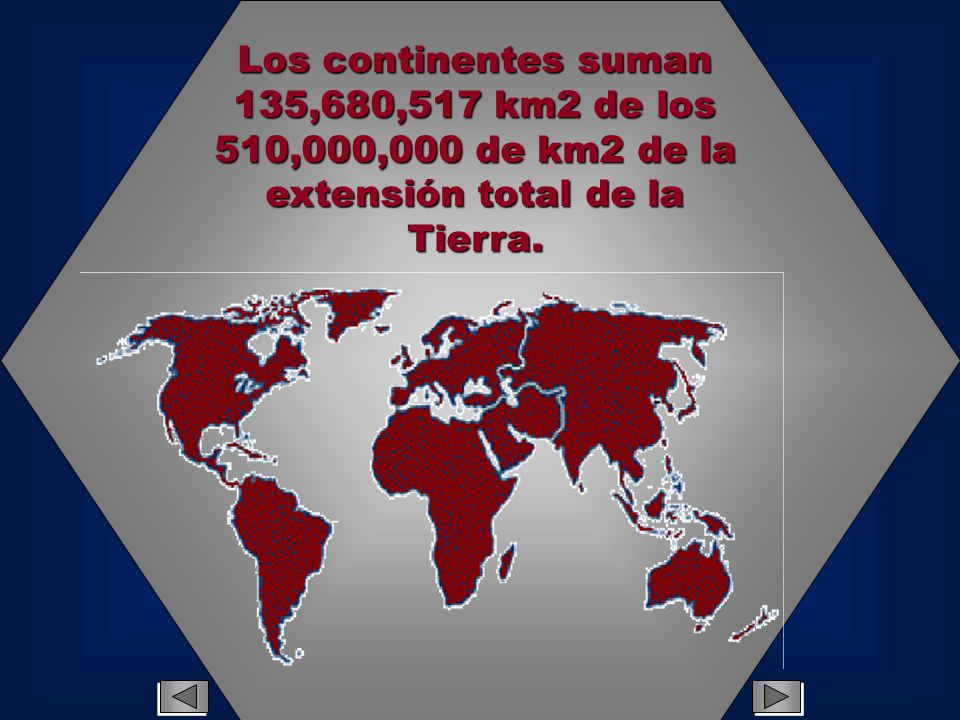 Los continentes suman 135,680,517 km2 de los 510,000,000 de km2 de la extensión total de la Tierra.