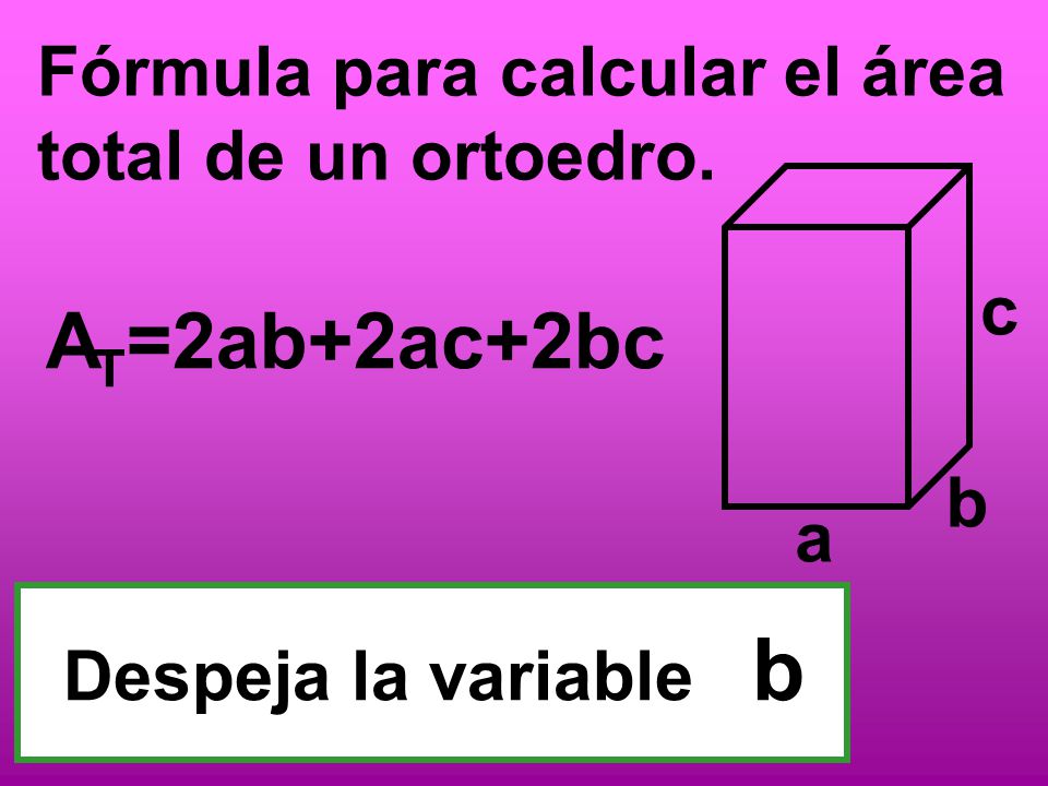 AT=2ab+2ac+2bc Fórmula para calcular el área total de un ortoedro. c b