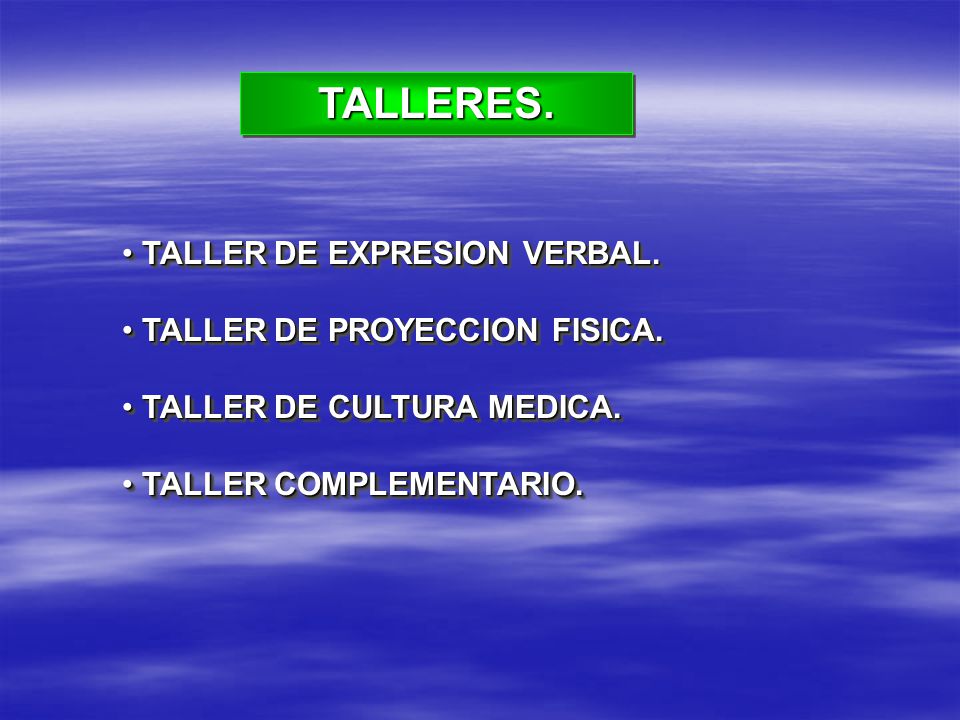 TALLERES. TALLER DE EXPRESION VERBAL. TALLER DE PROYECCION FISICA.