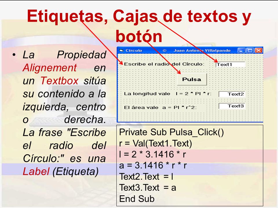 Etiquetas, Cajas de textos y botón