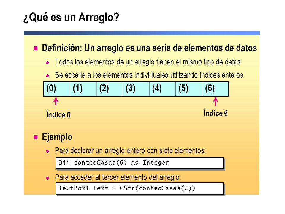 ¿Qué es un Arreglo Definición: Un arreglo es una serie de elementos de datos. Todos los elementos de un arreglo tienen el mismo tipo de datos.