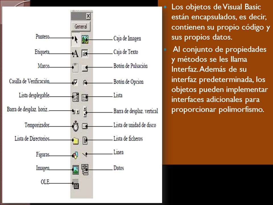 Los objetos de Visual Basic están encapsulados, es decir, contienen su propio código y sus propios datos.