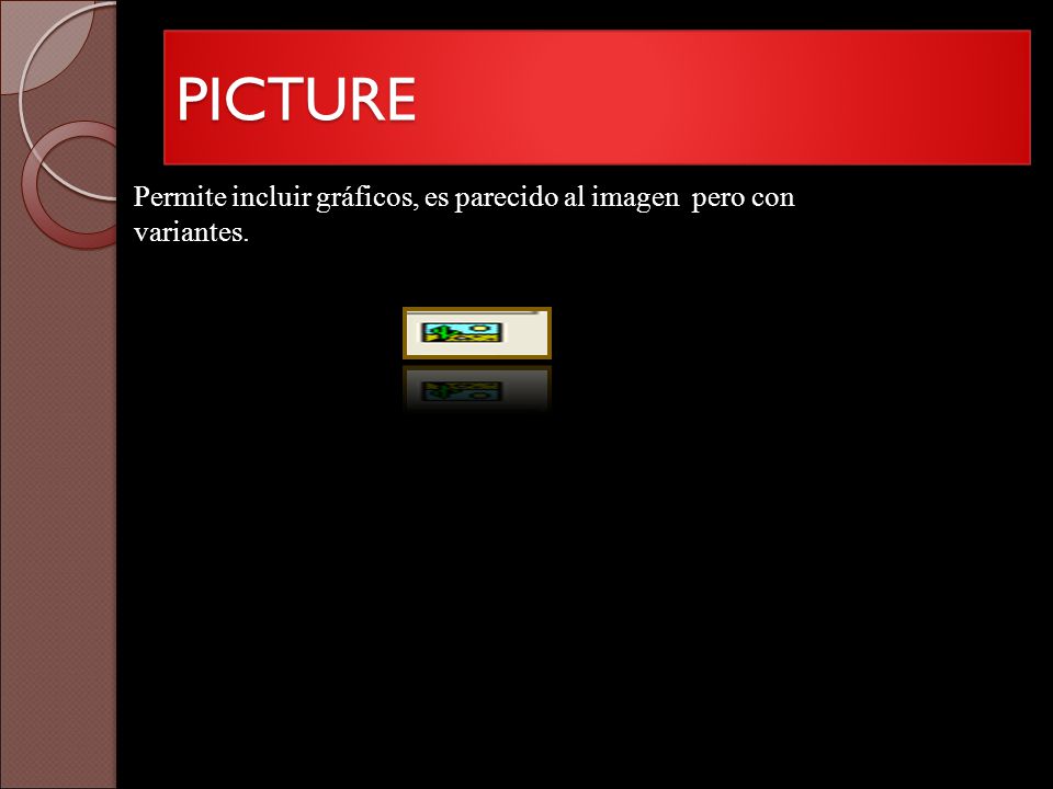 PICTURE Permite incluir gráficos, es parecido al imagen pero con variantes.
