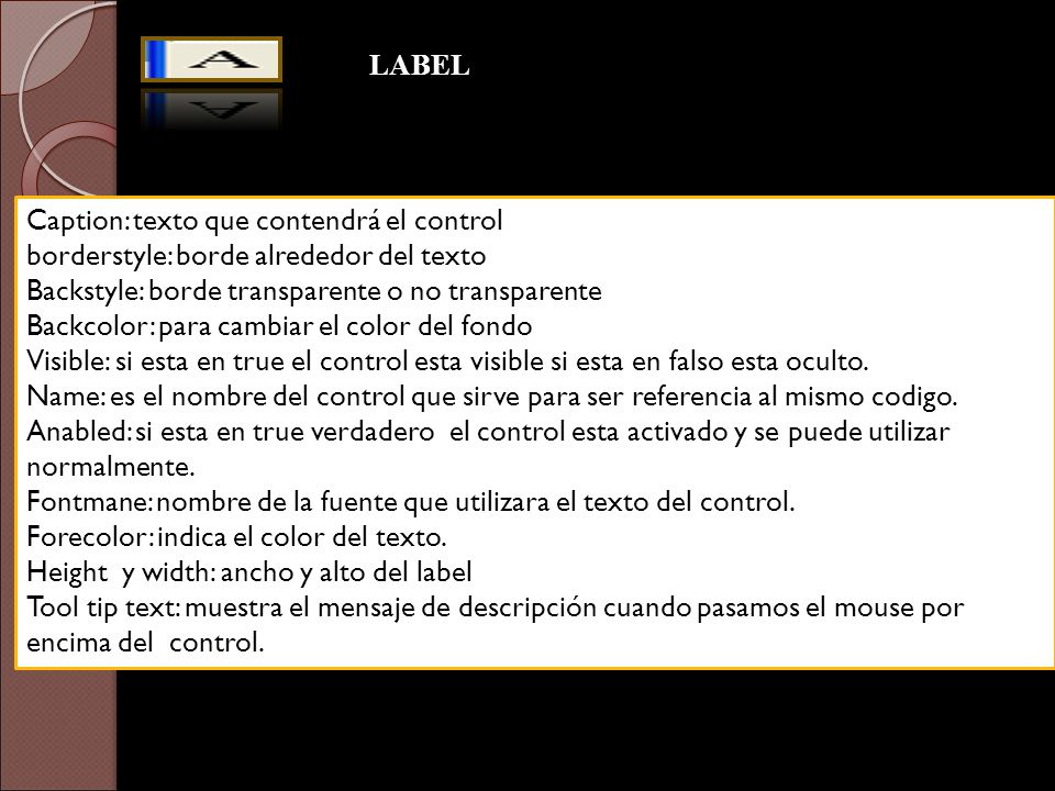 LABEL Caption: texto que contendrá el control. borderstyle: borde alrededor del texto. Backstyle: borde transparente o no transparente.