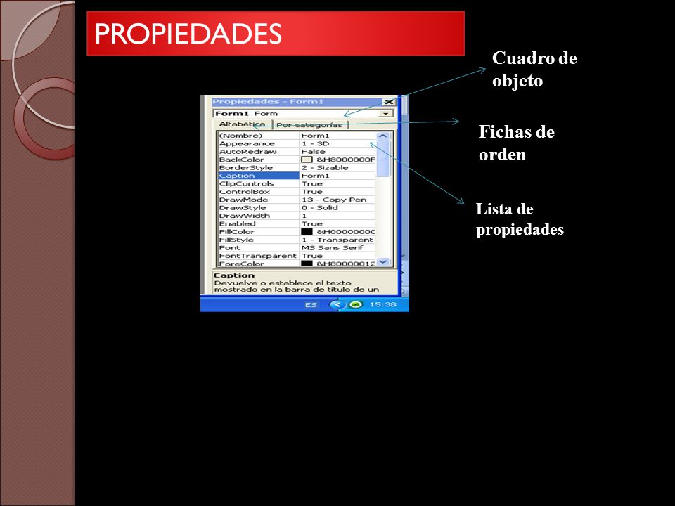 PROPIEDADES Cuadro de objeto Fichas de orden Lista de propiedades