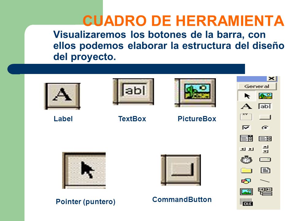 CUADRO DE HERRAMIENTA Visualizaremos los botones de la barra, con ellos podemos elaborar la estructura del diseño del proyecto.