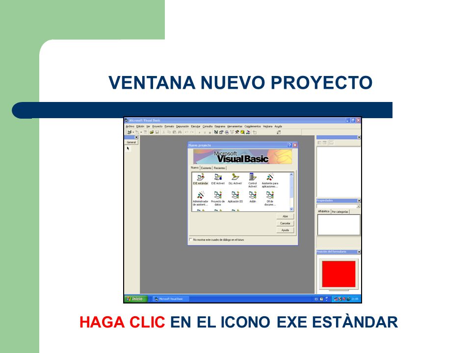 VENTANA NUEVO PROYECTO HAGA CLIC EN EL ICONO EXE ESTÀNDAR