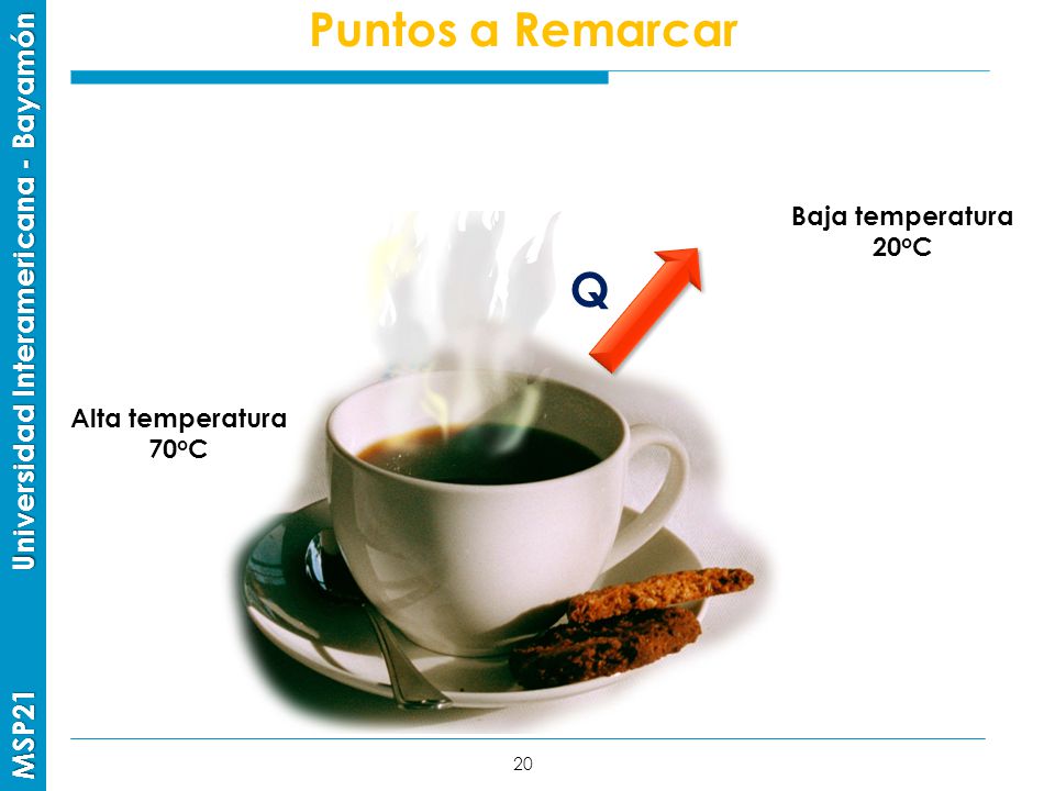 Puntos a Remarcar Baja temperatura 20oC Q Alta temperatura 70oC