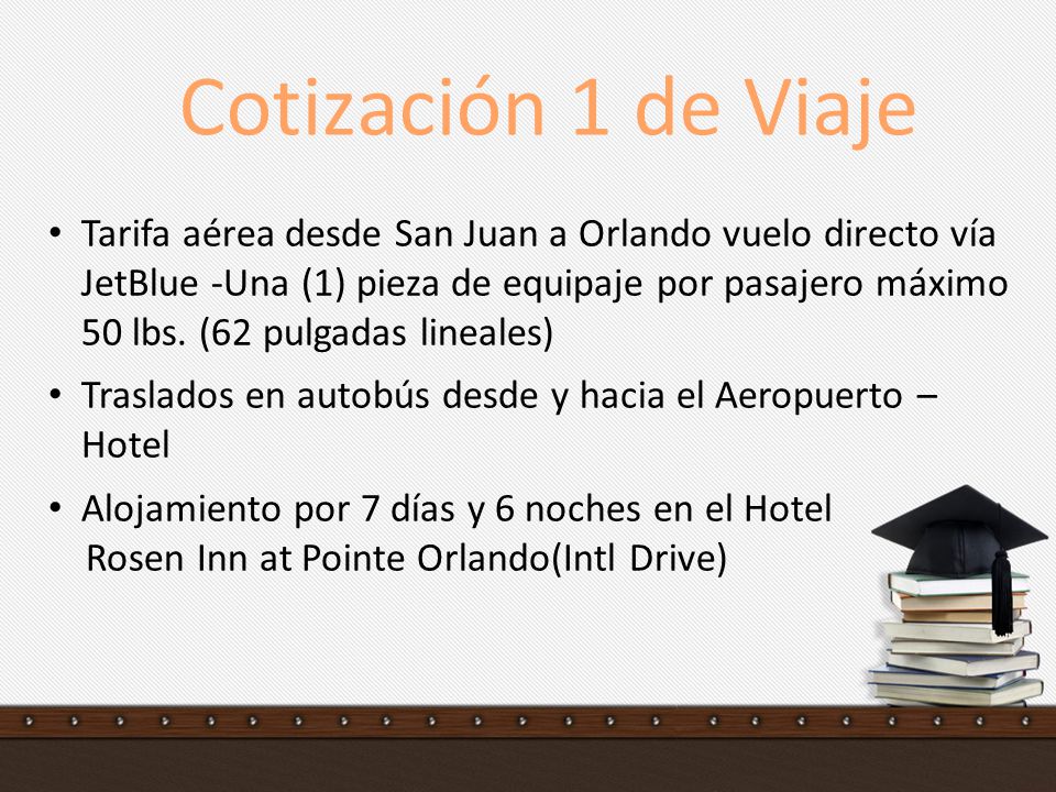 Tarifa aérea desde San Juan a Orlando vuelo directo vía JetBlue -Una (1) pieza de equipaje por pasajero máximo 50 lbs. (62 pulgadas lineales)