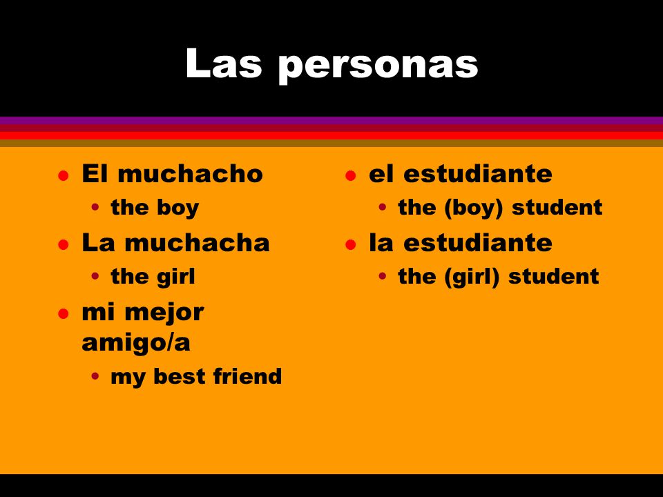 Las personas El muchacho La muchacha mi mejor amigo/a el estudiante