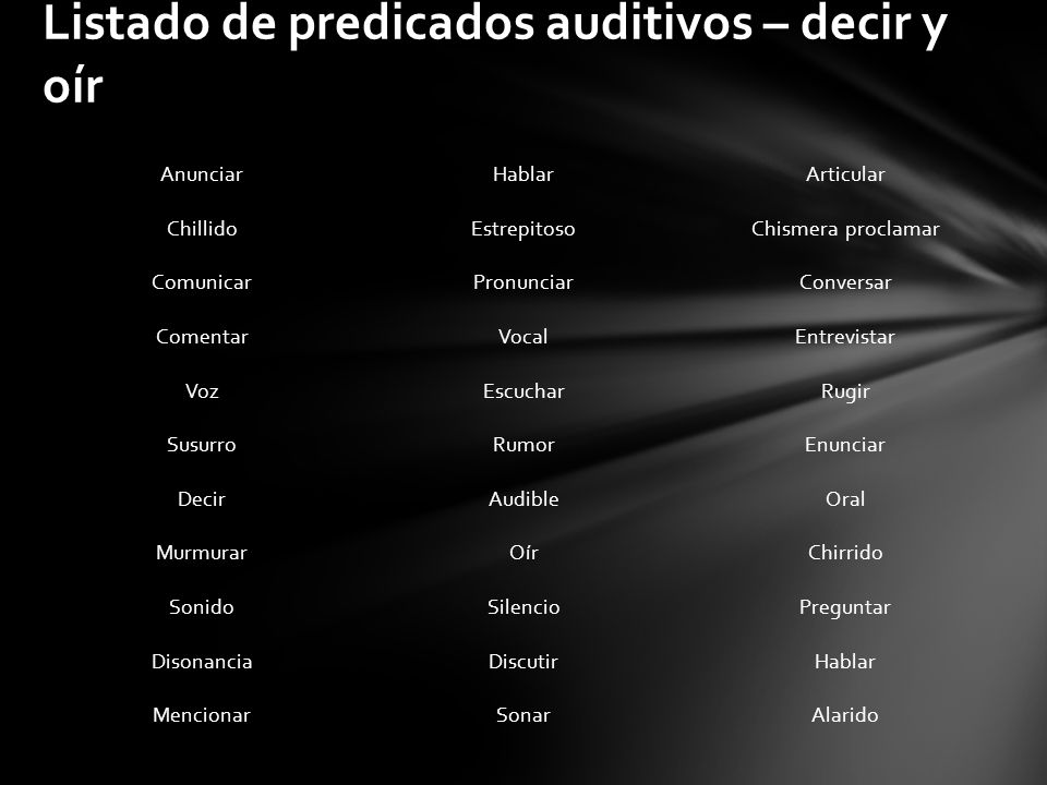 Listado de predicados auditivos – decir y oír