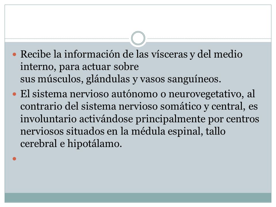 Recibe la información de las vísceras y del medio interno, para actuar sobre sus músculos, glándulas y vasos sanguíneos.