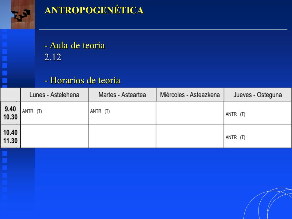 ANTROPOGENÉTICA Aula de teoría Horarios de teoría