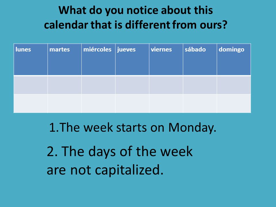 What do you notice about this calendar that is different from ours