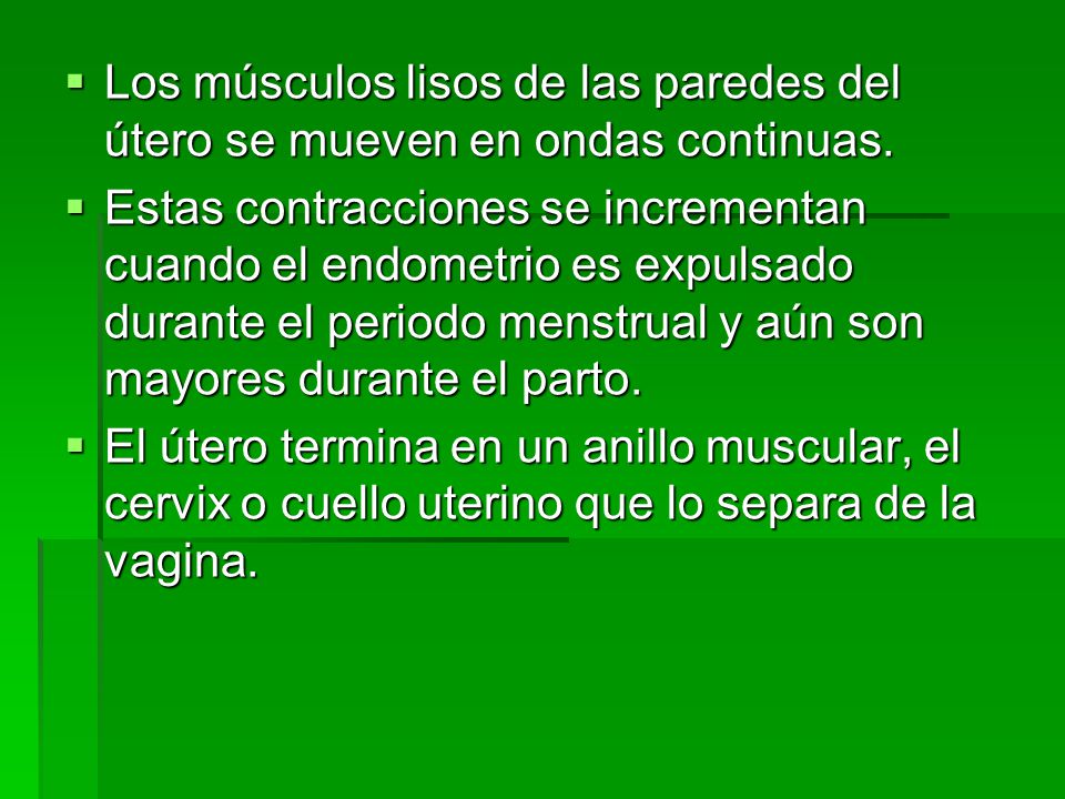 Los músculos lisos de las paredes del útero se mueven en ondas continuas.