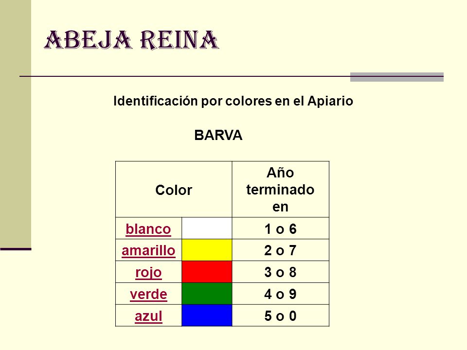 ABEJA REINA BARVA Color Año terminado en blanco 1 o 6 amarillo 2 o 7