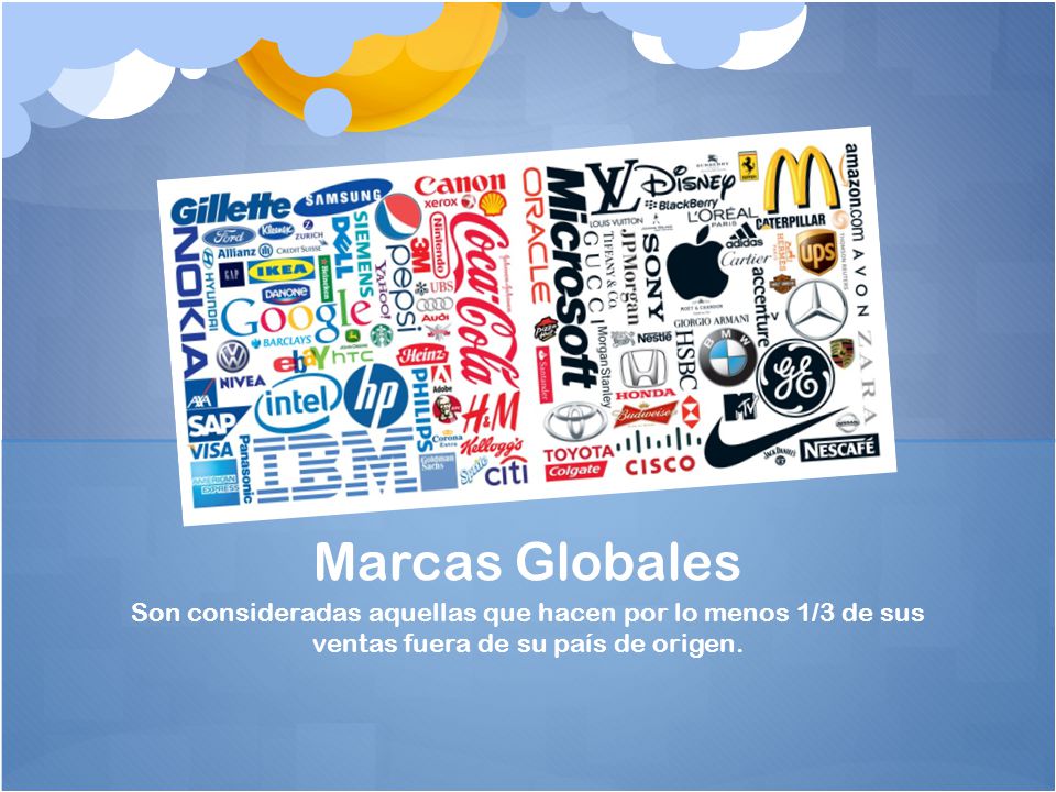 Marcas Globales Son consideradas aquellas que hacen por lo menos 1/3 de sus ventas fuera de su país de origen.